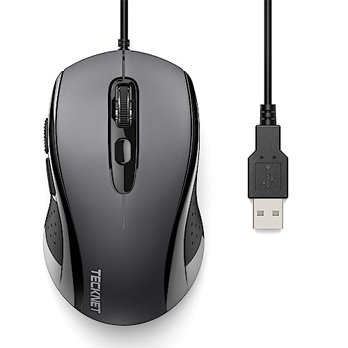 TECKNET Wired Mouse for Laptop, 3600DPI USB Mouse with 6-Button, Optical Computer Mouse Wired, Home and Office 5FT Corded Ergonomic Mouse for PC Desktop, USB Plug & Play, NO Battery Required-Grey