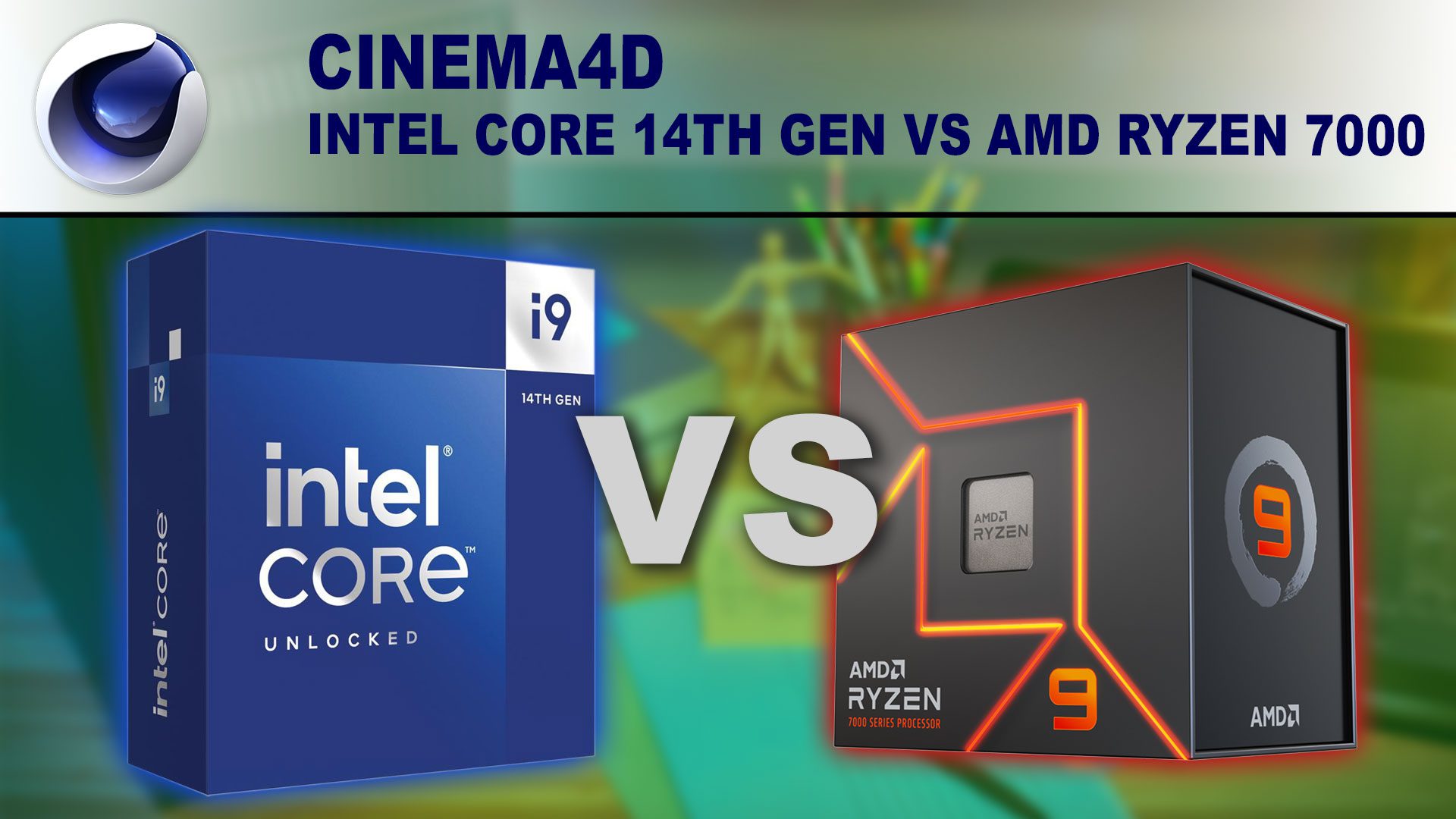 Decorative Image: Intel Core i9-14900K box and AMD Ryzen 9 7950X box on a green background with the words