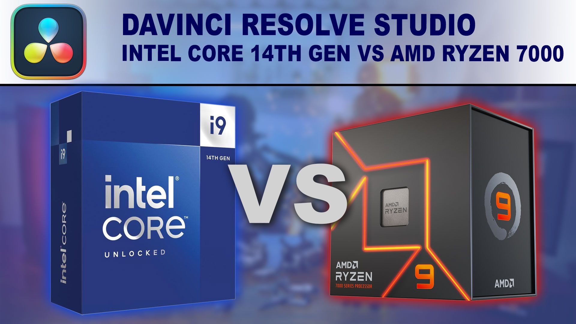 Decorative Image: Intel Core i9-14900K box and AMD Ryzen 9 7950X box on a blue background with the words