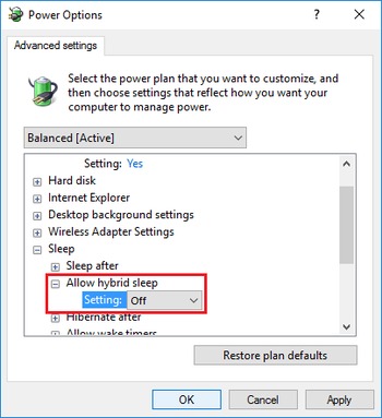 Disable hybrid sleep screen