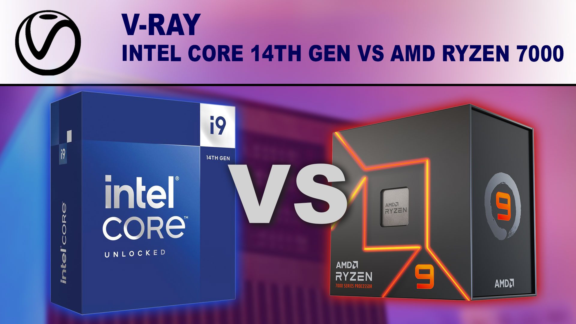 Decorative Image: Intel Core i9-14900K box and AMD Ryzen 9 7950X box on a background that blends from blue to red with the words